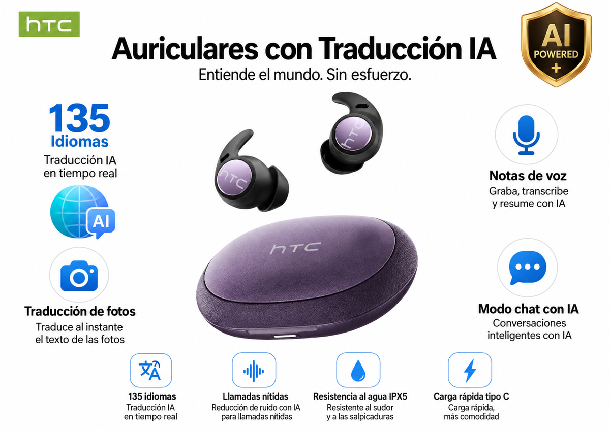 Auriculares inalámbricos Bluetooth, con traducción IA.  iOS Android